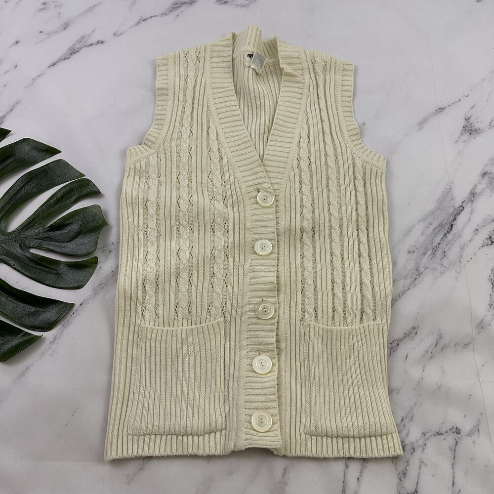 Partners Womens Vintage 80s Sweater Vest Size M Cream Cable Knit Cottage